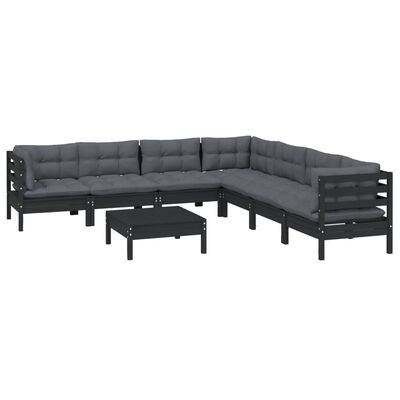 vidaXL Muebles de jardín 8 pzas con cojines negro madera maciza pino