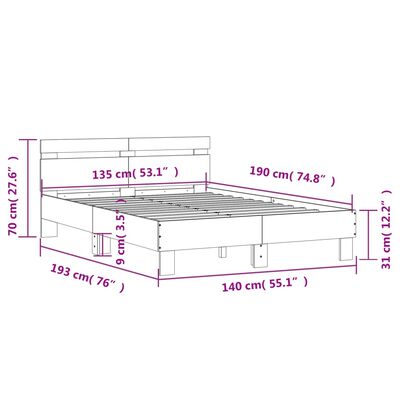 vidaXL Estructura de cama cabecero y luces LED marrón roble 135x190 cm