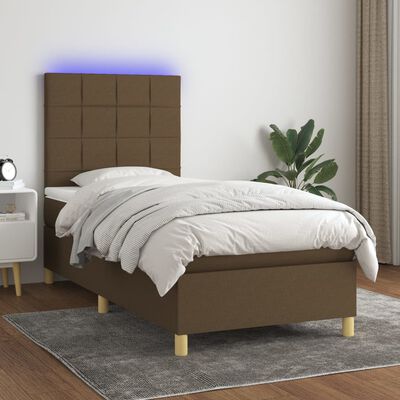 vidaXL Cama box spring colchón luces LED tela marrón oscuro 100x200cm
