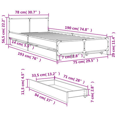 vidaXL Cama con cajones madera de ingeniería marrón roble 75x190 cm