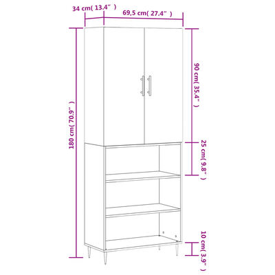 vidaXL Aparador alto madera contrachapada gris sonoma 69,5x34x180 cm