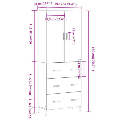 vidaXL Aparador alto madera contrachapada blanco brillo 69,5x34x180 cm