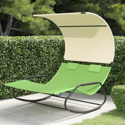 vidaXL Tumbona mecedora doble con toldo verde y crema