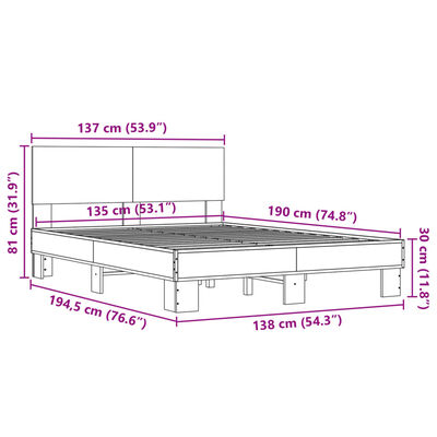 vidaXL Estructura cama madera ingeniería metal roble Sonoma 135x190 cm