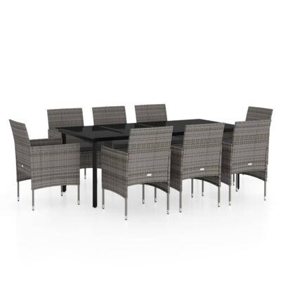 vidaXL Juego de comedor para jardín 9 piezas con cojines gris y negro