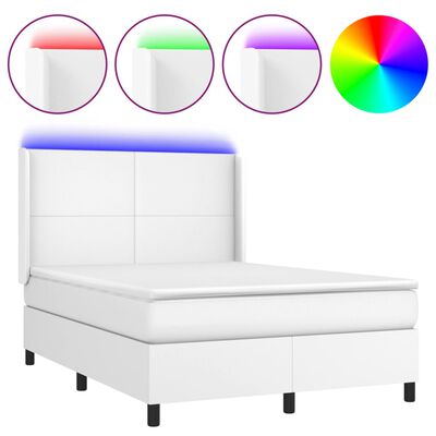 vidaXL Cama box spring colchón y LED cuero sintético blanco 140x200 cm