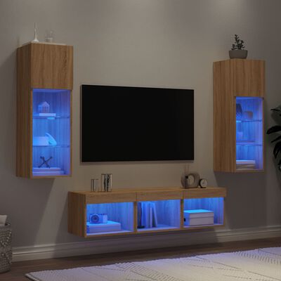 vidaXL Muebles TV pared con LED 5 pzas madera ingeniería roble Sonoma