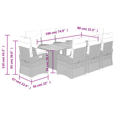 vidaXL Set de comedor de jardín 9 pzas y cojines ratán sintético negro