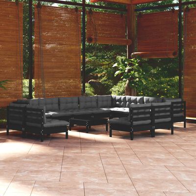 vidaXL Muebles de jardín 13 pzas con cojines negro madera maciza pino