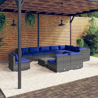 vidaXL Set de muebles de jardín 11 pzas y cojines ratán sintético gris