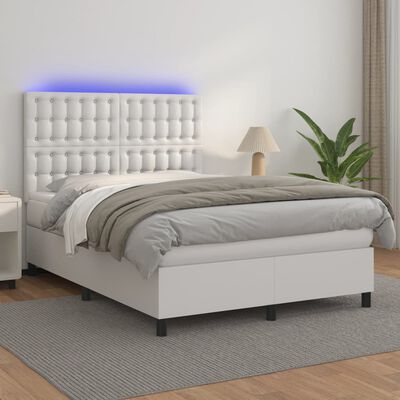 vidaXL Cama box spring colchón y LED cuero sintético blanco 140x200 cm