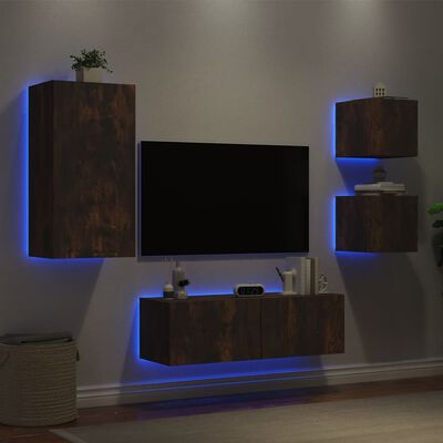 vidaXL Muebles de TV de pared con luces LED 4 piezas roble ahumado