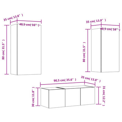 vidaXL Muebles TV pared con LED 4 pzas madera ingeniería gris Sonoma