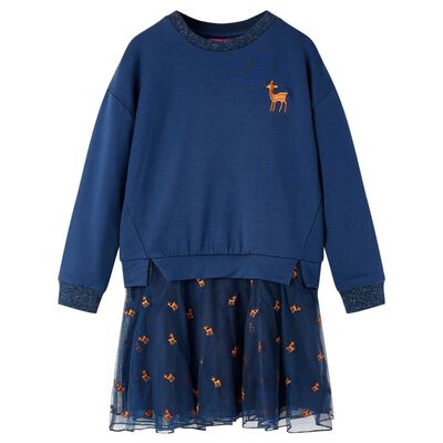 Vestido infantil de manga larga azul marino 128