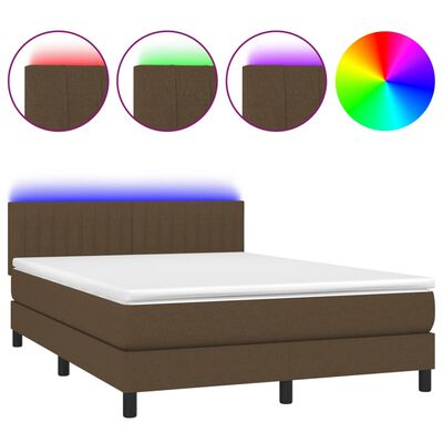 vidaXL Cama box spring colchón luces LED tela marrón oscuro 140x190 cm