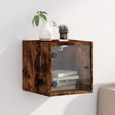 vidaXL Mesita de noche con puerta de vidrio roble ahumado 35x37x35 cm