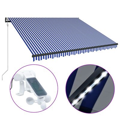 vidaXL Toldo con LED y sensor de viento azul y blanco 450x300 cm