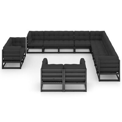 vidaXL Set de muebles de jardín 13 pzas con cojines madera pino negro