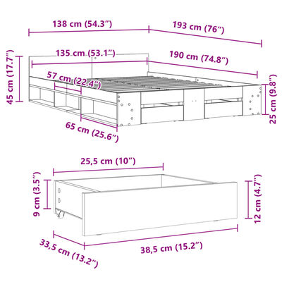 vidaXL Cama con cajones madera de ingeniería negro 135x190 cm