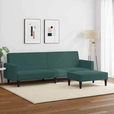 vidaXL Sofá cama de 2 plazas con taburete terciopelo verde oscuro