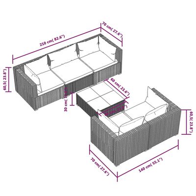 vidaXL Set de sofás de jardín 6 piezas y cojines ratán sintético gris