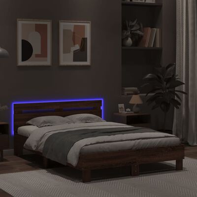 vidaXL Estructura de cama cabecero y luces LED marrón roble 135x190 cm