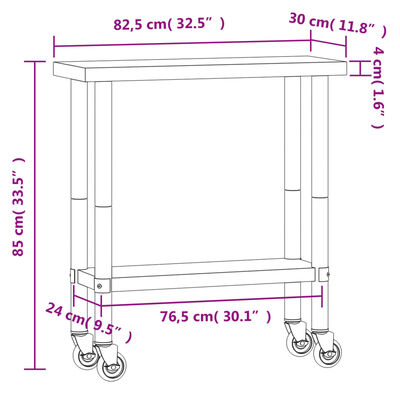 vidaXL Mesa de trabajo de cocina con ruedas acero inox 82,5x30x85 cm