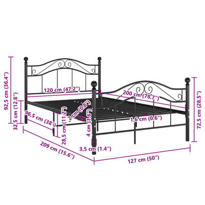 vidaXL Estructura de cama sin colchón metal negro 120x200 cm