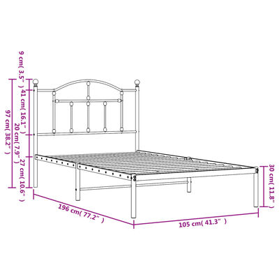 vidaXL Estructura cama sin colchón con cabecero metal negro 100x190 cm