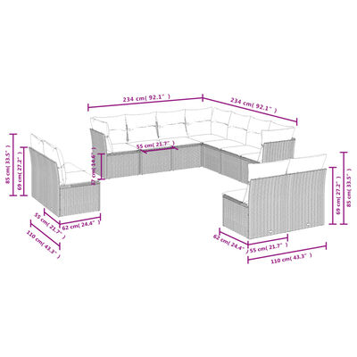 vidaXL Set de sofás de jardín 11 pzas y cojines ratán sintético gris