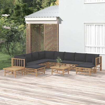 vidaXL Set de muebles de jardín 12 pzas bambú con cojines gris oscuro