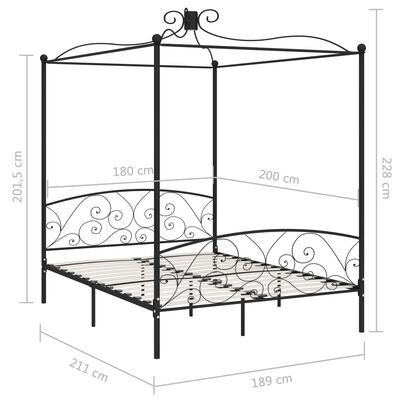 vidaXL Estructura de cama con dosel sin colchón metal negro 180x200 cm