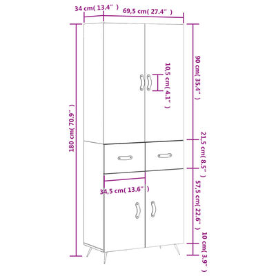 vidaXL Aparador alto madera contrachapada gris hormigón 69,5x34x180 cm