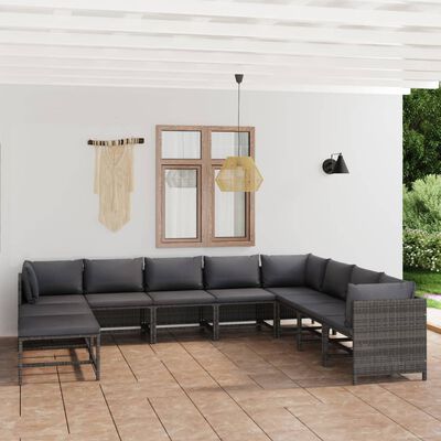 vidaXL Set de muebles de jardín 11 pzas y cojines ratán sintético gris