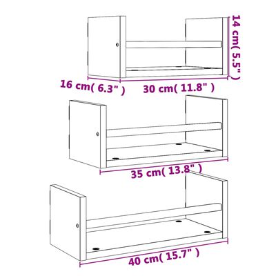 vidaXL Estantes pared con barras 3 pzas madera ingeniería gris Sonoma