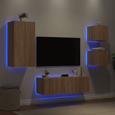 vidaXL Muebles de TV de pared con luces LED 4 piezas roble Sonoma