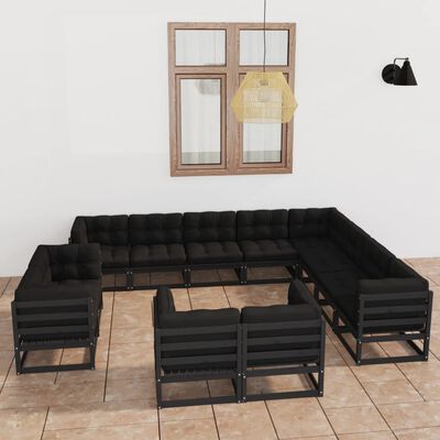 vidaXL Set de muebles de jardín 12 pzas con cojines madera pino negro