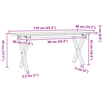 vidaXL Mesa de centro marco X madera maciza pino y hierro 110x40x45 cm