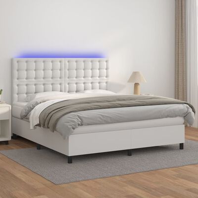 vidaXL Cama box spring colchón y LED cuero sintético blanco 180x200 cm