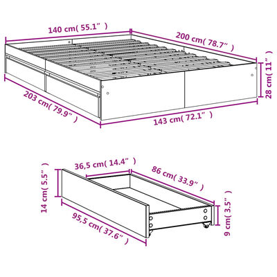 vidaXL Cama con cajones madera de ingeniería roble ahumado 140x200 cm