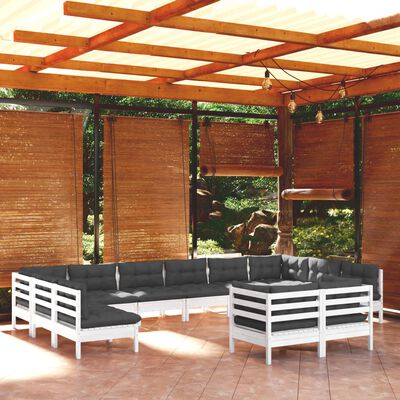 vidaXL Muebles de jardín 12 pzas y cojines blanco madera maciza pino