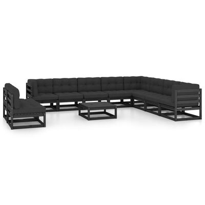 vidaXL Set de muebles de jardín 11 pzas con cojines madera pino negro