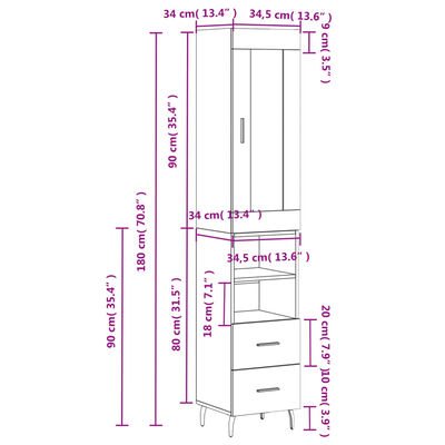 vidaXL Aparador alto madera contrachapada roble marrón 34,5x34x180 cm