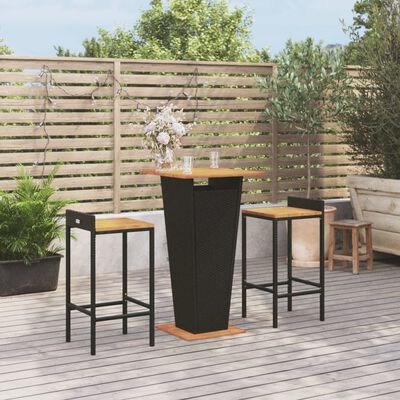 vidaXL Mesa bar y taburetes jardín 3 pzas madera acacia ratán PE negro