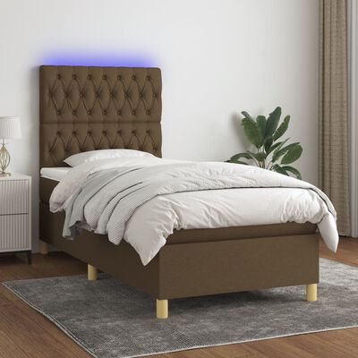 vidaXL Cama box spring colchón luces LED tela marrón oscuro 100x200cm