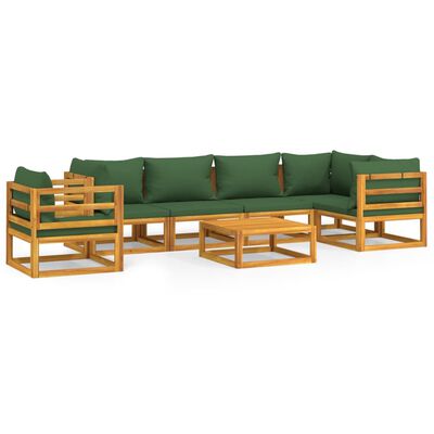 vidaXL Juego muebles de jardín 7 piezas madera maciza y cojines verdes