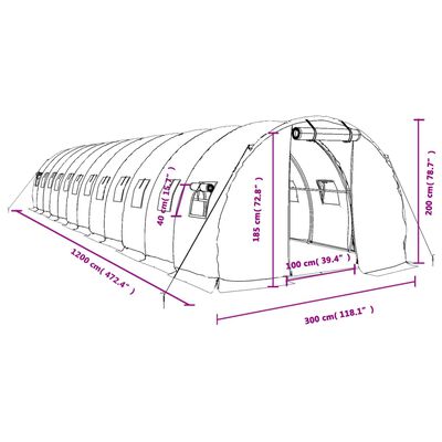 vidaXL Invernadero con estructura de acero blanco 36 m² 12x3x2 m