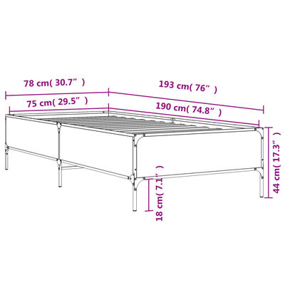 vidaXL Estructura cama madera ingeniería metal roble marrón 75x190 cm