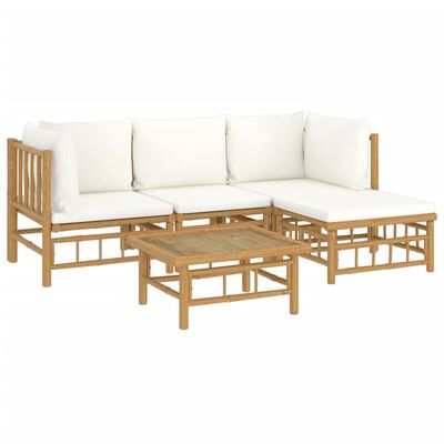 vidaXL Set de muebles de jardín 5 piezas bambú y cojines blanco crema