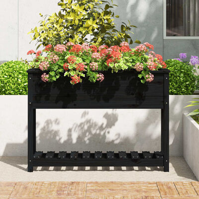 vidaXL Jardinera con estante madera maciza pino negro 111,5x34,5x81 cm